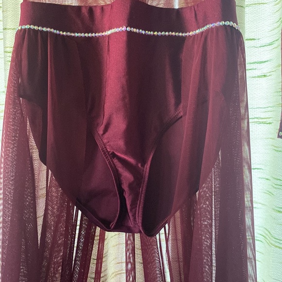 Burgundy one piece dance costume with custom rhinestones - Picture 3 of 6